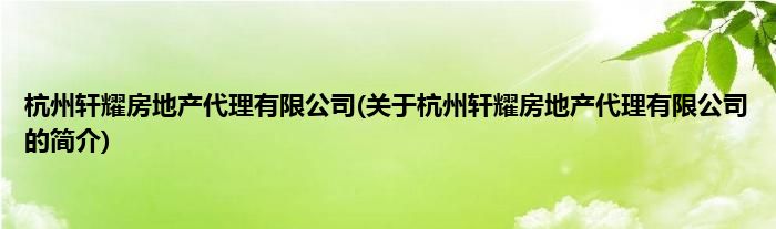 杭州轩耀房地产代理有限公司(关于杭州轩耀房地产代理有限公司的简介)